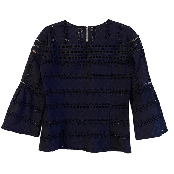 ba&sh Blouse Size Small Navy Blue Bell 3/4 Sleeve Women's Gianna Lace Eyelet - Picture 7 of 8